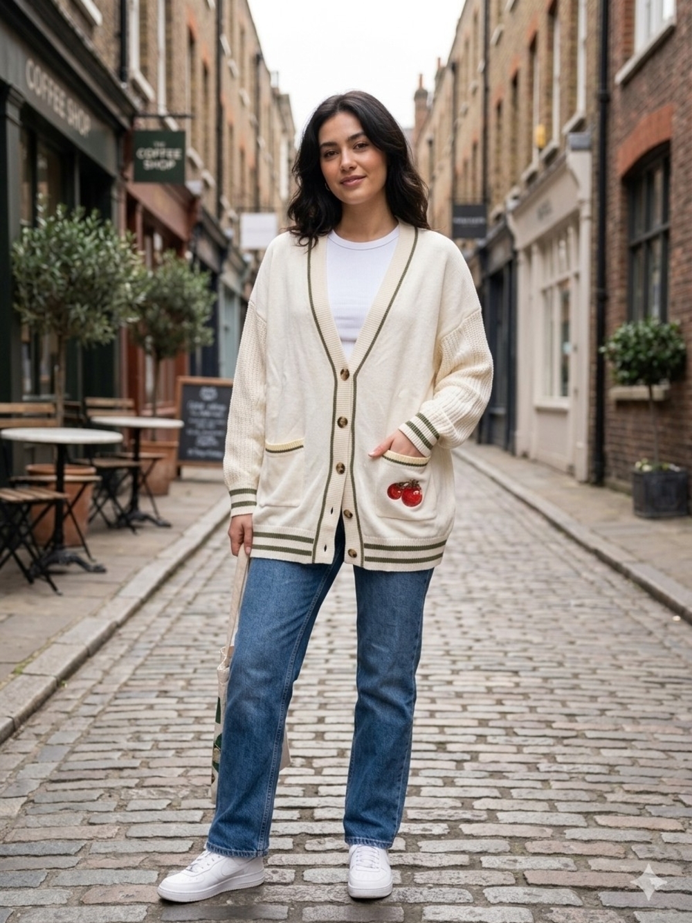 Oversized Cream Button-Front Cardigan with Stripe Trim and Tomato Patch